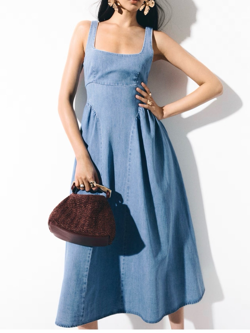 H&M Light Blue Denim Midi Dress flare skirt fitted bodice